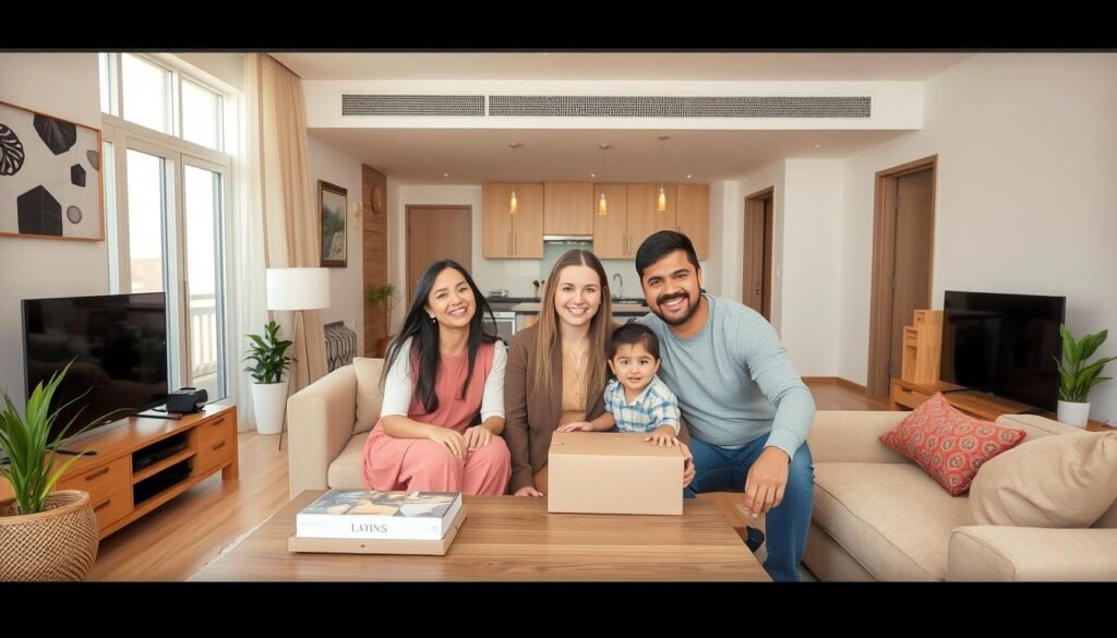 عائلة سعيدة في منزلها الجديد بعد الاستعانة بخدمات شركة نقل عفش بالإمارات