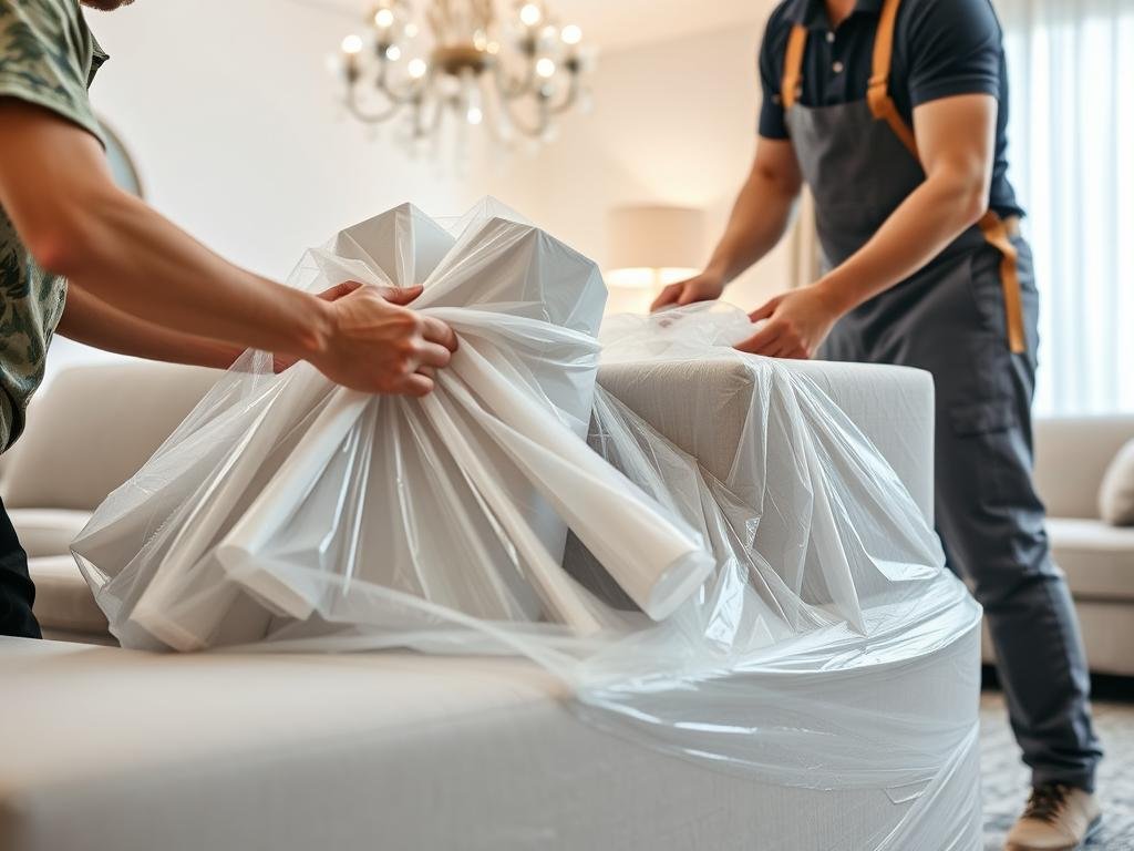 عملية تغليف احترافية للأثاث من قبل شركة نقل عفش بالإمارات