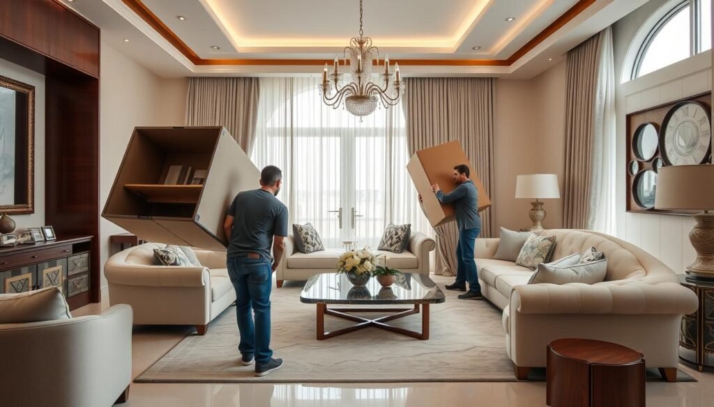 عملية نقل أثاث فاخر في فيلا بالإمارات من قبل شركة نقل عفش بالإمارات