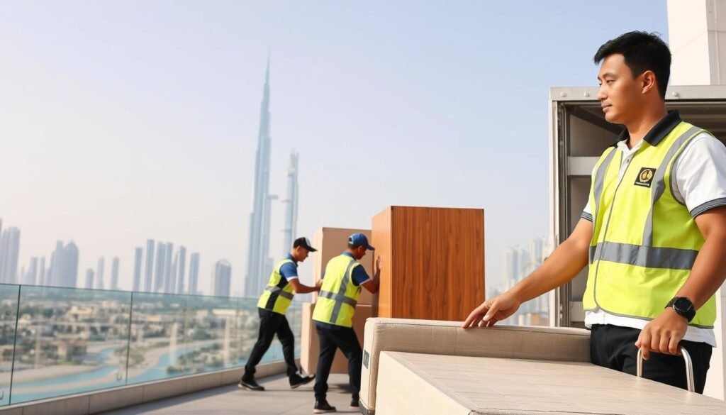 فريق شركة نقل عفش بالإمارات يعمل في موقع بدبي