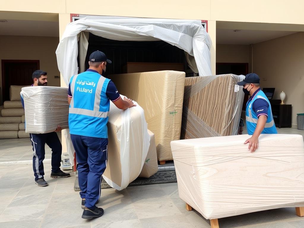 فريق عمال نقل عفش الرميثية المحترفين أثناء تغليف وحمل الأثاث
