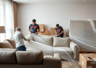 فريق عمل محترف من شركة نقل عفش السلام يقوم بتغليف ونقل الأثاث بعناية