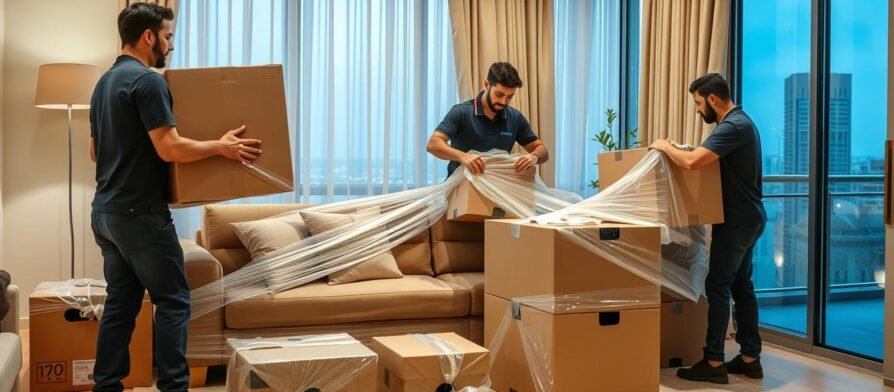 فريق متخصص من شركة نقل عفش بالإمارات يقوم بتغليف أثاث منزلي بعناية