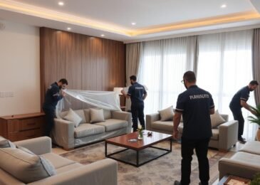 فريق محترف لنقل عفش بيان يقوم بتغليف الأثاث بعناية