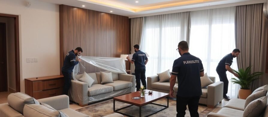 فريق محترف لنقل عفش بيان يقوم بتغليف الأثاث بعناية