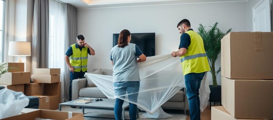 فريق نقل عفش حولي المحترف أثناء تغليف ونقل الأثاث بعناية