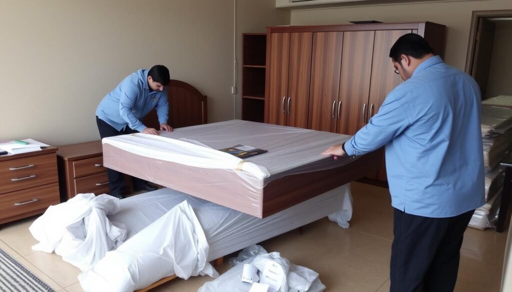 فريق نقل عفش سلوى يقوم بفك وتغليف غرفة نوم بطريقة احترافية