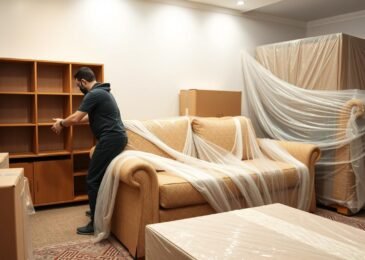 فريق متخصص في نقل عفش حولي يقوم بتغليف الأثاث بعناية