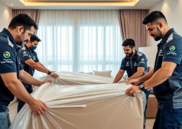 فريق محترف لنقل عفش الشويخ يقوم بتغليف الأثاث بعناية