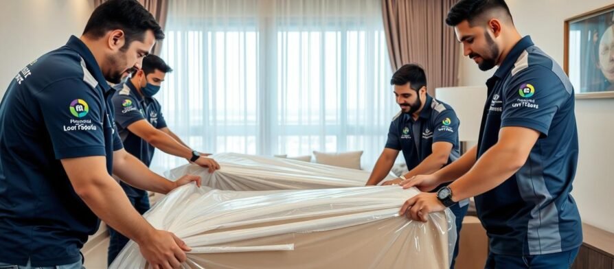 فريق محترف لنقل عفش الشويخ يقوم بتغليف الأثاث بعناية