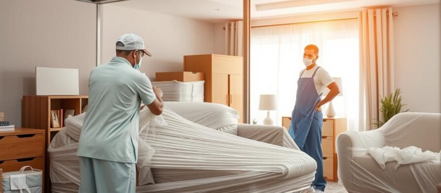 فريق محترف لنقل عفش العديلية يقوم بتغليف أثاث منزلي بعناية