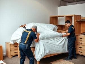 عمال محترفون يقومون بفك وتغليف أثاث غرفة نوم بعناية فائقة