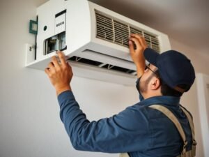 فني متخصص يقوم بفك وتركيب المكيفات في الفروانية