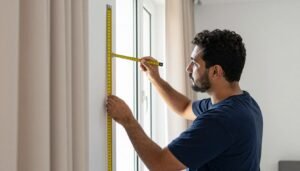 فني يقوم بقياس النافذة بدقة قبل تركيب ستاير
